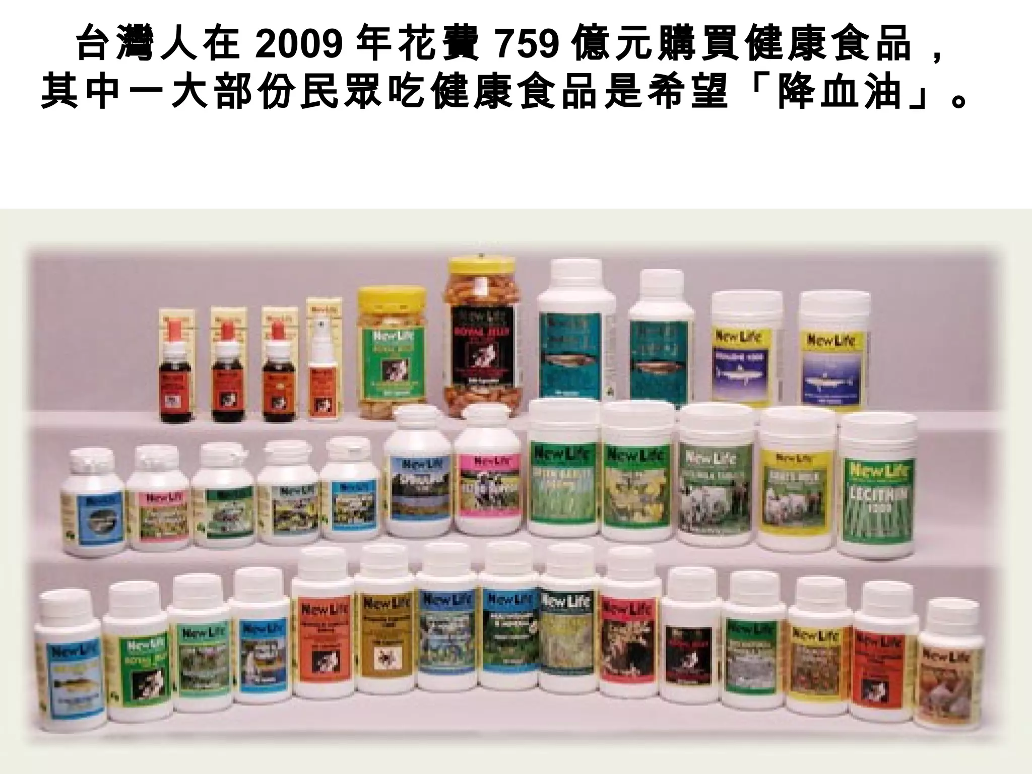 台灣人在 2009 年花費 759 億元購買健康食品，
其中一大部份民眾吃健康食品是希望「降血油」。
 