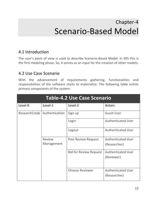 12
Chapter-4
Scenario-Based Model
4.1 Introduction
The user’s point of view is used to describe Scenario-Based Model. In SRS this is
the first modeling phase. So, it serves as an input for the creation of other models.
4.2 Use Case Scenario
With the advancement of requirements gathering, functionalities and
responsibilities of the software starts to materialize. The following table enlists
primary components of the system:
Table-4.2 Use Case Scenario
Level-0 Level-1 Level-2 Actors
ResearchColab Authentication Sign up Guest User
Login Authenticated User
Logout Authenticated User
Review
Management
Post Review Request Authenticated User
(Researcher)
Bid for Review Request Authenticated User
(Reviewer)
Choose Reviewer Authenticated User
(Researcher)
 
