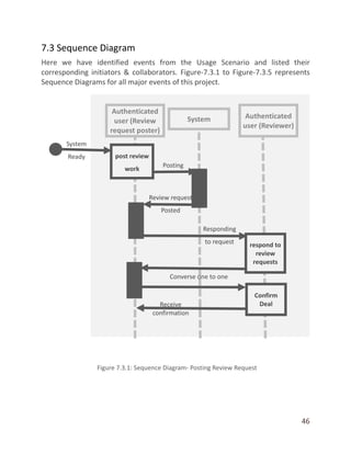 46
7.3 Sequence Diagram
Here we have identified events from the Usage Scenario and listed their
corresponding initiators & collaborators. Figure-7.3.1 to Figure-7.3.5 represents
Sequence Diagrams for all major events of this project.
 