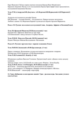 Карл Иванович Габлиц-первое научное описание Крыма.Иван Михайлович
Берсенев.Академик Паллас и его исследование Крыма.ХристофорСтевен-продолжатель
исследований академика Палласа
Тема 27.Н.А.Андрусов.В.В.Докучаев. А.Е.Ферсман.В.И.Вернадский.А.И.Маркевич(1
час)
Андрусов-исследователь рельефа Крыма
В.В.Докучаев – путешественник – исследователь. Первая научная экспедиция.
Любовь к камню А.Е.Ферсмана.Первый путеводитель Крыма Арсения Маркевича.
Раздел 10. Русские исследователи муссонной Азии, Америки, Африки и Океании(2часа)
Тема 28.Афанасий Никитин,Е.П.Ковалевский.(1 час)
Путешествие Афанасия Никитина за три моря.
Е.П.Кавалевский между Белым и Голубым Нилом.
.
Тема 29.Н.Н. Миклухо-Маклай.Л.И.Мечников(1 час)
Подвиг Миклухо-Маклая.Исследования Мечникова
Раздел11. Русские кругосветные морские плавания (3часа)
Тема 30.Ю.Ф.Лисянский и И.Ф.Крузенштерн. (1 час)
Паруса отважных. Вельможная столица восторгается заморскими товарами.
Путешествие Ю.Ф.Лисянских и И.Ф.Крузенштерна.
Тема 31.В.Головин.О.Е .Коцебу. (1 час)
Штормовая судьбина Василия Головина. Трехмачтовый шлюп «Диана» начал дальнее
плавание.
Трижды вокруг света. О.Е.Коцебу во главе судна «Рюрик». Залив Кацебу.
Тема 32.Ф.П.Литке. С.О.Макаров. Ю.М.Шокальский. (1 час)
Ф.П.Литке – начальник кругосветной экспедиции на «Сенявине».
Дела и дни адмирала С.О.Макарова. Макаров командир корвета «Витязь».
Ю.М.Шокальский – океанограф и картограф.
12. Урок обобщения и повторения знаний. Урок - ролевая игра. Заседание ученого
совета (1час)
 