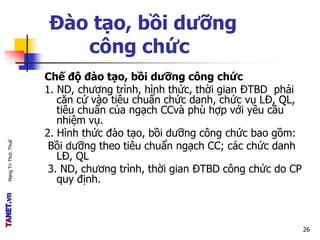 MạngTriThứcThuế
Đào tạo, bồi dưỡng
công chức
Chế độ đào tạo, bồi dưỡng công chức
1. ND, chương trình, hình thức, thời gian ĐTBD phải
căn cứ vào tiêu chuẩn chức danh, chức vụ LĐ, QL,
tiêu chuẩn của ngạch CCvà phù hợp với yêu cầu
nhiệm vụ.
2. Hình thức đào tạo, bồi dưỡng công chức bao gồm:
Bồi dưỡng theo tiêu chuẩn ngạch CC; các chức danh
LĐ, QL
3. ND, chương trình, thời gian ĐTBD công chức do CP
quy định.
26
 