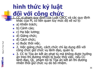 MạngTriThứcThuế
hình thức kỷ luật
đối với công chức
1. CC vi phạm quy định của Luật CBCC và các quy định
khác của PL có liên quan tùy mức độ xẽ xử lý:
 a) Khiển trách;
 b) Cảnh cáo;
 c) Hạ bậc lương;
 d) Giáng chức;
 đ) Cách chức;
 e) Buộc thôi việc.
 2. Việc giáng chức, cách chức chỉ áp dụng đối với
công chức giữ chức vụ lãnh đạo, quản lý.
 3. CC bị Tòa án kết án phạt tù mà không được hưởng
án treo thì đương nhiên bị buộc thôi việc, nếu CC
lãnh đạo, QL phạm tội bị Tòa án kết án thì đương
nhiên thôi giữ chức vụ do bổ nhiệm.
35
 