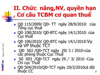 MạngTriThứcThuế
II. Chức năng,NV, quyền hạn
, Cơ cấu TCBM cơ quan thuế
 QĐ 115/2009/ QĐ- TT ngày 28/9/2010: của
Tổng cục thuê
 QĐ 108/2010/ QĐ-BTC ngày 14/1/2010: của
Cục thuế
 QĐ 106/2010/ QĐ-BTC ngày 14/1/2010:Vụ
và VP thuộc TCT
 QĐ 502 /QĐ-TCT ngày 29/ 3 / 2010-của
các phòng thuộc Cục Thuế
 Số 503 /QĐ-TCT ngày 29 / 3/ 2010 -Của
Chi cục Thuế
 QĐ 504/2010/QĐ-TCT ngày 29/3/2010cá đội
thuộc CC 37
 