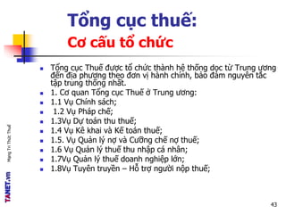 MạngTriThứcThuế
Tổng cục thuế:
Cơ cấu tổ chức
 Tổng cục Thuế được tổ chức thành hệ thống dọc từ Trung ương
đến địa phương theo đơn vị hành chính, bảo đảm nguyên tắc
tập trung thống nhất.
 1. Cơ quan Tổng cục Thuế ở Trung ương:
 1.1 Vụ Chính sách;
 1.2 Vụ Pháp chế;
 1.3Vụ Dự toán thu thuế;
 1.4 Vụ Kê khai và Kế toán thuế;
 1.5. Vụ Quản lý nợ và Cưỡng chế nợ thuế;
 1.6 Vụ Quản lý thuế thu nhập cá nhân;
 1.7Vụ Quản lý thuế doanh nghiệp lớn;
 1.8Vụ Tuyên truyền – Hỗ trợ người nộp thuế;
43
 