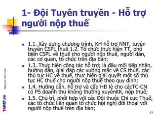 MạngTriThứcThuế
1- Đội Tuyên truyền - Hỗ trợ
người nộp thuế
 1.1. Xây dựng chương trình, KH hỗ trợ NNT, tuyên
truyền CSPL thuế 1.2. Tổ chức thực hiện TT, phổ
biến CSPL về thuế cho người nộp thuế, người dân,
các cơ quan, tổ chức trên địa bàn;
 1.3. Thực hiện công tác hỗ trợ; là đầu mối tiếp nhận,
hướng dẫn, giải đáp các vướng mắc về CS thuế, các
thủ tục HC về thuế, thực hiện giải quyết một số thủ
tục HC thuế cho người nộp thuế theo quy định;
 1.4. Hướng dẫn, hỗ trợ và cấp HĐ lẻ cho cácTC-CN
có PS doanh thu không thường xuyênKK, nộp thuế;
 1.5. Chủ trì, phối hợp với các Đội thuộc Chi cục Thuế,
các tổ chức liên quan tổ chức hội nghị đối thoại với
người nộp thuế trên địa bàn;
57
 