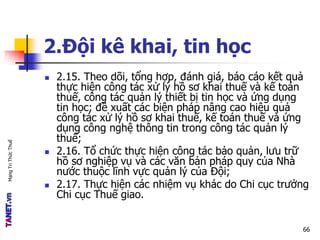MạngTriThứcThuế
2.Đội kê khai, tin học
 2.15. Theo dõi, tổng hợp, đánh giá, báo cáo kết quả
thực hiện công tác xử lý hồ sơ khai thuế và kế toán
thuế, công tác quản lý thiết bị tin học và ứng dụng
tin học; đề xuất các biện pháp nâng cao hiệu quả
công tác xử lý hồ sơ khai thuế, kế toán thuế và ứng
dụng công nghệ thông tin trong công tác quản lý
thuế;
 2.16. Tổ chức thực hiện công tác bảo quản, lưu trữ
hồ sơ nghiệp vụ và các văn bản pháp quy của Nhà
nước thuộc lĩnh vực quản lý của Đội;
 2.17. Thực hiện các nhiệm vụ khác do Chi cục trưởng
Chi cục Thuế giao.
66
 