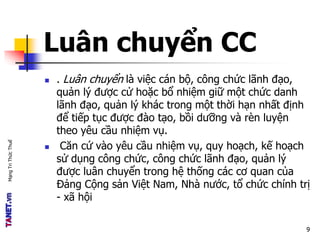 MạngTriThứcThuế
Luân chuyển CC
 . Luân chuyển là việc cán bộ, công chức lãnh đạo,
quản lý được cử hoặc bổ nhiệm giữ một chức danh
lãnh đạo, quản lý khác trong một thời hạn nhất định
để tiếp tục được đào tạo, bồi dưỡng và rèn luyện
theo yêu cầu nhiệm vụ.
 Căn cứ vào yêu cầu nhiệm vụ, quy hoạch, kế hoạch
sử dụng công chức, công chức lãnh đạo, quản lý
được luân chuyển trong hệ thống các cơ quan của
Đảng Cộng sản Việt Nam, Nhà nước, tổ chức chính trị
- xã hội
9
 