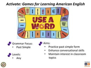 Activate: Games for Learning American English
Grammar Focus:
• Past Simple
Levels:
• Any
Aims:
• Practice past simple form
• Enhance conversational skills
• Maintain interest in classroom
topics
 
