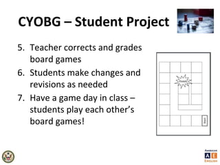 CYOBG – Student Project
5. Teacher corrects and grades
board games
6. Students make changes and
revisions as needed
7. Have a game day in class –
students play each other’s
board games!
 