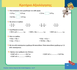 191
5. ÐïéÜ áðüóôáóç åßíáé ìåãáëýôåñç ôçò êÜèå öïñÜ;
• 3,15 ì. 3,15 ÷ì. • 7,5 åê. 0,75 ì.
• 8,2 äåê. 3,15 ÷ì.
6. Íá ãßíïõí ïé ðñÜîåéò:
•
3 2
: =
4 6
•
5 2
: =
9 4
•
6 2
: =
10 12
•
5 3
: =
9 8
7. ÓõìðëÞñùóå ôá êåíÜ.
• 7813 ô.÷éë. = ............ ô.ì. • 5435 ô. äåê. = ............ ô.ì. • 4321 ô.åê. = ............ ô.ì.
8. ÊÜíå ôéò ðñÜîåéò.
• 4,5ì + 1,4ì. = • 0,3ì. + 4,1ì. =
• 3,3ì. + 15 åê. = • 153 äåê. + 42ì. =
9. Ìå Ýíá êéëü ðáóáôÝìðïõò ãåìßæïõìå 60 óáêïõëÜêéá. Ðüóá óáêïõëÜêéá ãåìßæïõìå ìå 1,2
êéëÜ ðáóáôÝìðïõò;
10. Âñßóêù ôïõò áñéèìïýò ðïõ ëåßðïõí.
• 0,567 ÷éë. ÷ ............... = 56,7 åê. • 0,567 ÷éë. ÷ ............... = 5,67 äåê.
• 0,567 ÷éë. ÷ ............... = 0,567 ì.
Κριτήριο Αξιολόγησης
Επιμέλεια: Χρήστος Χαρμπής http://e-taksh.blogspot.gr σελ.27
 