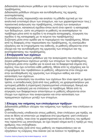 Διδασκαλία αναλυτικών μεθόδων για την αναγνώριση των στοιχείων του
προβλήματος.
Διδασκαλία μεθόδων ελέγχου και αυτοδιόρθωσης της αρχικής
αναπαράστασης
Ο εκπαιδευτικός παρουσιάζει και αναλύει τη μέθοδο σχετικά με τον
αναλυτικό εντοπισμό όλων των στοιχείων, και των χαρακτηριστικών τους (
προσεκτική ανάγνωση του προβλήματος, επιλογή των αναγκαίων
πληροφοριών, κατασκευή σχεδίου-όπου αυτό είναι εφικτό- η καταγραφή
των δεδομένων, ώστε να μπορούν οι μαθητές να αναπαράγουν το
πρόβλημα μόνο από το σχέδιο ή τα στοιχεία καταγραφής, σύγκριση του
σχεδίου ή της καταγραφής με το κείμενο του προβλήματος)
Συζήτηση μέσα στην ομάδα για το περιεχόμενο του προβλήματος. Μέσα
από τις διαφορές στην παρουσίαση του προβλήματος, τις εκατέρωθεν
εξηγήσεις και τα επιχειρήματα του καθενός, οι μαθητές οδηγούνται στον
έλεγχο και την αυτοδιόρθωση της ερμηνείας των στοιχείων και της
αναπαράστασης του προβλήματος.
2.Επεξεργασία των σχέσεων
Διδασκαλία αναλυτικών μεθόδων για την αναγνώριση του συνόλου των
λογικο-μαθηματικών σχέσεων μεταξύ των στοιχείων του προβλήματος.
Συζήτηση μέσα στην ομάδα για τα κοινά και τα διαφορετικά σημεία στις
σχέσεις που έχει εντοπίσει κάθε μαθητής. Μέσα από τις εξηγήσεις και τα
επιχειρήματα που προβάλλουν οι μαθητές, οδηγούνται στον έλεγχο και
στην αυτοδιόρθωση της ερμηνείας των στοιχείων καθώς και στην
κατανόηση των σχέσεων.
Εφόσον η κατανόηση του συνόλου των σχέσεων δεν είναι εφικτή με άμεσο
τρόπο, ο εκπαιδευτικός ζητά από τους μαθητές να χρησιμοποιήσουν μια
εμπειρική μέθοδο ή στρατηγική (προσεγγιστικό υπολογισμό, δοκιμή και
αποτυχία, αναλογία) για να επιλύσουν το πρόβλημα. Μέσα από τη
σύγκριση των διαφορετικών απαντήσεων οι μαθητές οδηγούνται στον
έλεγχο των σχέσεων που αναγνώρισαν και στην κατανόηση των
πραγματικών σχέσεων μεταξύ των στοιχείων.
3.Ελεγχος του νοήματος των επιλεγόμενων πράξεων-
Διδασκαλία μεθόδων ελέγχου του νοήματος των πράξεων που επιλέγουν οι
μαθητές
Ο εκπαιδευτικός υποδεικνύει στους μαθητές, όταν επιλέγουν μια πράξη, να
είναι σε θέση να απαντούν με σαφήνεια στα ερωτήματα: γιατί επιλέγουν
αυτή την πράξη, ποια είναι τα χαρακτηριστικά και οι ιδιότητες του αριθμού
που προκύπτει ως αποτέλεσμα, αν έχει λογικό νόημα αυτή η πράξη με τους
αριθμούς που επιλέχθηκαν.
Ο εκπαιδευτικός ζητά από τους μαθητές να παρουσιάσουν και να
εξηγήσουν τις ενέργειες που έκαναν για να λύσουν το πρόβλημα, να
Επιμέλεια: Χρήστος Χαρμπής http://e-taksh.blogspot.gr σελ.36
 