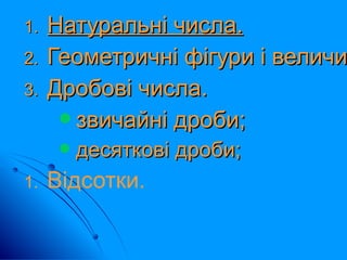 1.1. Натуральні числа.Натуральні числа.
2.2. Геометричні фігури і величиГеометричні фігури і величи
3.3. Дробові числа.Дробові числа.
звичайні дроби;звичайні дроби;
 десяткові дроби;десяткові дроби;
1. Відсотки.
 