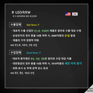 ANT
HOUSE
수출업체 Bad News !!
대표적 수출 산업인 반도체, 석유화학 제품은 달러로 수출 대금 수령
삼성전자의 경우 환율 10원 하락 시, 3000억원의 손실 발생
제품의 가격 경쟁력 약화
ex) 반도체, 자동차, 정유 산업
# USD/KRW
#-1 USD/KRW 하락 시(低달러)
수입업체 Good News !!
대표적 원자재인 원유, 석탄, 철광은 달러로 수입 대금 지출
대한항공의 경우 환율 10원 하락 시, 1019억원의 세전 이익 증가
외화 표시 순 부채 금액 감소 효과
ex) 항공, 철강, 식료품 산업
 