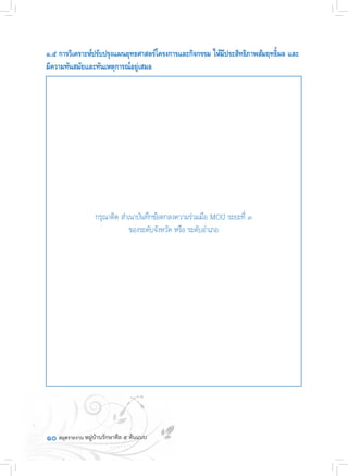 ๑๐
๑.๕ การวิเคราะห์ปรับปรุงแผนยุทธศาสตร์โครงการและกิจกรรม ให้มีประสิทธิภาพสัมฤทธิ์ผล และ
มีความทันสมัยและทันเหตุการณ์อยู่เสมอ
กรุณาติด ส�ำเนาบันทึกข้อตกลงความร่วมมือ MOU ระยะที่ ๓
ของระดับจังหวัด หรือ ระดับอ�ำเภอ
 