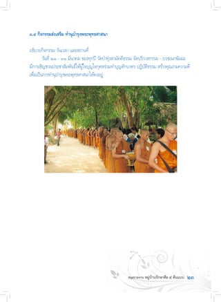 ๒๓
๓.๔ กิจกรรมส่งเสริม ท�ำนุบ�ำรุงพระพุทธศาสนา
อธิบายกิจกรรม วันเวลา และสถานที่
	 วันที่ ๒๑ - ๓๑ มีนาคม ของทุกปี วัดป่าทุ่งสามัคคีธรรม จัดปริวาสกรรม - บวชเนกขัมมะ
มีการเชิญชวนประชาสัมพันธ์ให้ผู้ใจบุญใจกุศลร่วมท�ำบุญตักบาตร ปฏิบัติธรรม สร้างคุณงามความดี
เพื่อเป็นการท�ำนุบ�ำรุงพระพุทธศาสนาให้คงอยู่
 