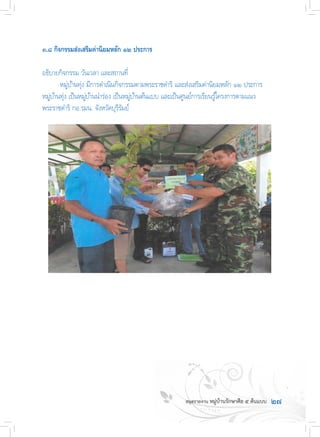 ๒๗
๓.๘ กิจกรรมส่งเสริมค่านิยมหลัก ๑๒ ประการ
อธิบายกิจกรรม วันเวลา และสถานที่
	 หมู่บ้านทุ่ง มีการด�ำเนินกิจกรรมตามพระราชด�ำริ และส่งเสริมค่านิยมหลัก ๑๒ ประการ  
หมู่บ้านทุ่ง เป็นหมู่บ้านน�ำร่อง เป็นหมู่บ้านต้นแบบ และเป็นศูนย์การเรียนรู้โครงการตามแนว
พระราชด�ำริ กอ.รมน. จังหวัดบุรีรัมย์
 