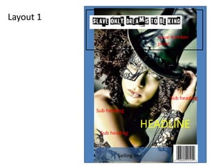 Layout 1
HEADLINE
Sub heading
Issue number
price
Sub heading
Sub heading
Selling line
 