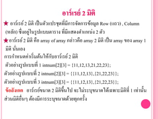 อาร์เรย์2 มิติ เป็นตัวแปรชุดที่มีการจัดการข้อมูล Row (แถว) , Column
(หลัก) ซึ่งอยู่ในรูปแบบตาราง ที่มีแสดงตาแหน่ง 2 ตัว
อาร์เรย์2 มิติ คือ array of array กล่าวคือ array 2 มิติ เป็น array ของ array 1
มิติ นั่นเอง
การกาหนดค่าเริ่มต้นให้กับอาร์เรย์2 มิติ
ตัวอย่างรูปแบบที่ 1 intnum[2][3] = {11,12,13,21,22,23};
ตัวอย่างรูปแบบที่ 2 intnum[2][3] = {{11,12,13},{21,22,23}};
ตัวอย่างรูปแบบที่ 3 intnum[3][3] = {{11,12,13},{21,22,23}};
ข้อสังเกต อาร์เรย์ขนาด 2 มิติขึ้นไป จะไม่ระบุขนาดได้เฉพาะมิติที่ 1 เท่านั้น
ส่วนมิติอื่นๆ ต้องมีการระบุขนาดด้วยทุกครั้ง
 