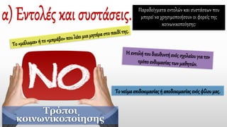 Παραδείγματα εντολών και συστάσεων που
μπορεί να χρησιμοποιήσουν οι φορείς της
κοινωνικοποίησης:
Το νεύμα επιδοκιμασίας ή αποδοκιμασίας ενόςφίλου μας.
Τρόποι
κοινωνικοποίησης
 