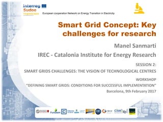 European cooperation Network on Energy Transition in Electricity
Manel Sanmarti
IREC - Catalonia Institute for Energy Research
SESSION 2:
SMART GRIDS CHALLENGES: THE VISION OF TECHNOLOGICAL CENTRES
WORKSHOP
“DEFINING SMART GRIDS: CONDITIONS FOR SUCCESSFUL IMPLEMENTATION”
Barcelona, 9th February 2017
 