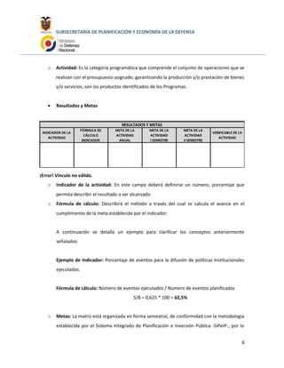 SUBSECRETARÍA DE PLANIFICACIÓN Y ECONOMÍA DE LA DEFENSA
o Actividad: Es la categoría programática que comprende el conjunto de operaciones que se
realizan con el presupuesto asignado, garantizando la producción y/o prestación de bienes
y/o servicios; son los productos identificados de los Programas.
• Resultados y Metas
INDICADOR DE LA
ACTIVIDAD
FÓRMULA DE
CÁLCULO
INDICADOR
META DE LA
ACTIVIDAD
ANUAL
META DE LA
ACTIVIDAD
I SEMESTRE
META DE LA
ACTIVIDAD
II SEMESTRE
VERIFICABLE DE LA
ACTIVIDAD
RESULTADOS Y METAS
¡Error! Vínculo no válido.
o Indicador de la actividad: En este campo deberá definirse un número, porcentaje que
permita describir el resultado a ser alcanzado.
o Fórmula de cálculo: Describirá el método a través del cual se calcula el avance en el
cumplimiento de la meta establecida por el indicador.
A continuación se detalla un ejemplo para clarificar los conceptos anteriormente
señalados:
Ejemplo de Indicador: Porcentaje de eventos para la difusión de políticas Institucionales
ejecutados.
Fórmula de cálculo: Número de eventos ejecutados / Número de eventos planificados
5/8 = 0,625 * 100 = 62,5%
o Metas: La matriz está organizada en forma semestral, de conformidad con la metodología
establecida por el Sistema Integrado de Planificación e Inversión Pública -SIPeIP-, por lo
6
 