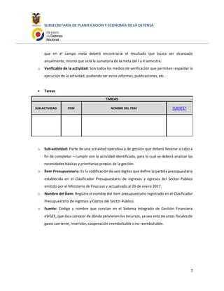SUBSECRETARÍA DE PLANIFICACIÓN Y ECONOMÍA DE LA DEFENSA
que en el campo meta deberá encontrarse el resultado que busca ser alcanzado
anualmente, mismo que será la sumatoria de la meta del I y II semestre.
o Verificable de la actividad: Son todos los medios de verificación que permiten respaldar la
ejecución de la actividad, pudiendo ser estos informes, publicaciones, etc.
• Tareas
SUB-ACTIVIDAD ITEM NOMBRE DEL ITEM FUENTE*
TAREAS
o Sub-actividad: Parte de una actividad operativa y de gestión que deberá llevarse a cabo a
fin de completar – cumplir con la actividad identificada, para lo cual se deberá analizar las
necesidades básicas y prioritarias propias de la gestión.
o Ítem Presupuestario: Es la codificación de seis dígitos que define la partida presupuestaria
establecida en el Clasificador Presupuestario de ingresos y egresos del Sector Público
emitido por el Ministerio de Finanzas y actualizado al 26 de enero 2017.
o Nombre del Ítem: Registre el nombre del ítem presupuestario registrado en el Clasificador
Presupuestario de Ingresos y Gastos del Sector Público.
o Fuente: Código y nombre que constan en el Sistema Integrado de Gestión Financiera
eSIGEF, que da a conocer de dónde provienen los recursos, ya sea esto recursos fiscales de
gasto corriente, inversión, cooperación reembolsable o no reembolsable.
7
 