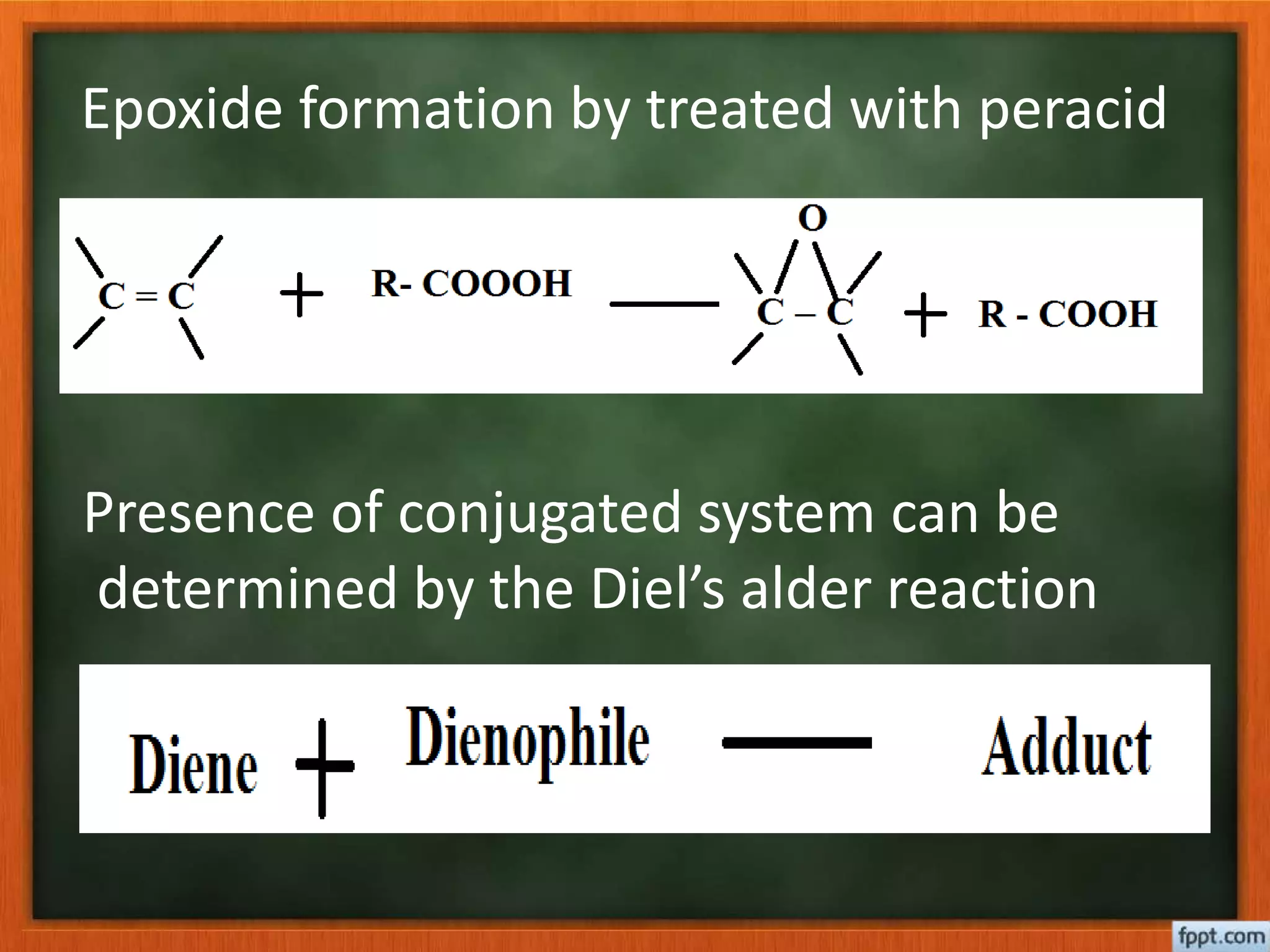 Epoxide formation by treated with peracid
Presence of conjugated system can be
determined by the Diel’s alder reaction
 