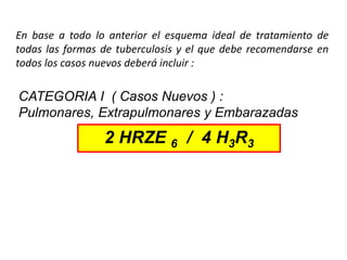 En base a todo lo anterior el esquema ideal de tratamiento de
todas las formas de tuberculosis y el que debe recomendarse en
todos los casos nuevos deberá incluir :
CATEGORIA I ( Casos Nuevos ) :
Pulmonares, Extrapulmonares y Embarazadas
2 HRZE 6 / 4 H3R3
 