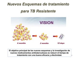85
Nuevos Esquemas de tratamiento
para TB Resistente
El objetivo principal de los nuevos esquemas y la investigación de
nuevos medicamentos antituberculosos es reducir el tiempo de
tratamiento con una buena eficacia y efectividad.
 