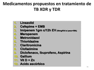 96
1. Linezolid
2. Cefepime + EMB
3. Imipenem 1gm c/12h EV (30mg/K/d si peso<50k)
4. Meropenem
5. Metronidazol
6. Thioridazine
7. Claritromicina
8. Clofazimine
9. Diclofenaco, Ibuprofeno, Aspirina
10. Gallium
11. Vit D + Zn
12. Acido ascórbico
Medicamentos propuestos en tratamiento de
TB XDR y TDR
 