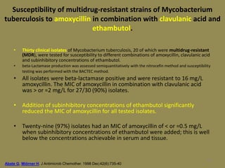 99
Susceptibility of multidrug-resistant strains of Mycobacterium
tuberculosis to amoxycillin in combination with clavulanic acid and
ethambutol.
• Thirty clinical isolates of Mycobacterium tuberculosis, 20 of which were multidrug-resistant
(MDR), were tested for susceptibility to different combinations of amoxycillin, clavulanic acid
and subinhibitory concentrations of ethambutol.
• beta-Lactamase production was assessed semiquantitatively with the nitrocefin method and susceptibility
testing was performed with the BACTEC method.
• All isolates were beta-lactamase positive and were resistant to 16 mg/L
amoxycillin. The MIC of amoxycillin in combination with clavulanic acid
was > or =2 mg/L for 27/30 (90%) isolates.
• Addition of subinhibitory concentrations of ethambutol significantly
reduced the MIC of amoxycillin for all tested isolates.
• Twenty-nine (97%) isolates had an MIC of amoxycillin of < or =0.5 mg/L
when subinhibitory concentrations of ethambutol were added; this is well
below the concentrations achievable in serum and tissue.
Abate G, Miörner H. J Antimicrob Chemother. 1998 Dec;42(6):735-40
 