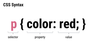 CSS Syntax
p { color: red; }
selector valueproperty
 