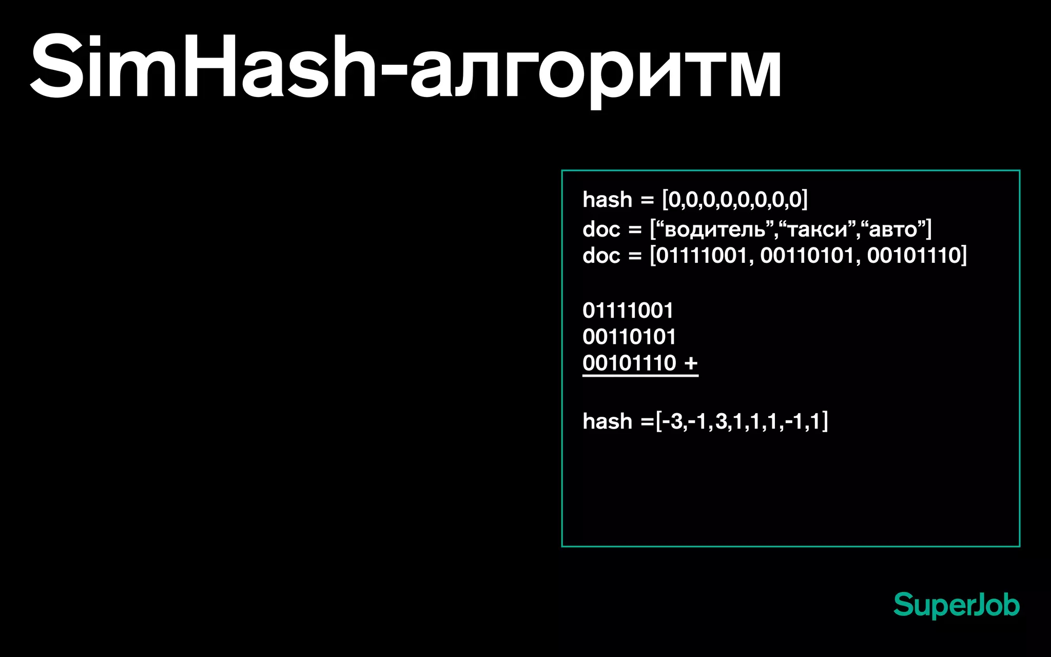 SimHash-алгоритм
hash = [0,0,0,0,0,0,0,0]
doc = [“водитель”,“такси”,“авто”]
doc = [01111001, 00110101, 00101110]
01111001
00110101
00101110 +
hash =[-3,-1,3,1,1,1,-1,1]
 