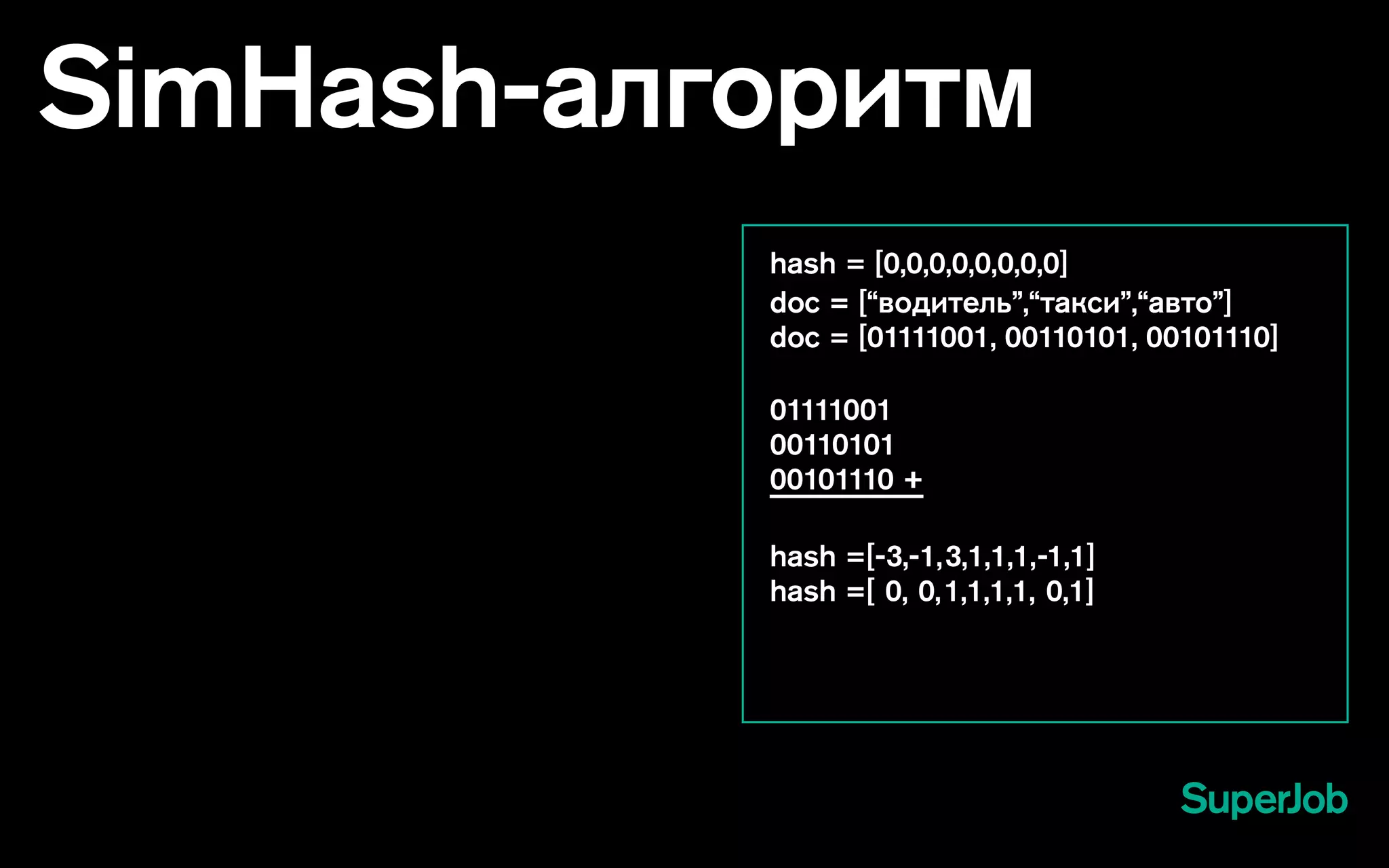 SimHash-алгоритм
hash = [0,0,0,0,0,0,0,0]
doc = [“водитель”,“такси”,“авто”]
doc = [01111001, 00110101, 00101110]
01111001
00110101
00101110 +
hash =[-3,-1,3,1,1,1,-1,1]
hash =[ 0, 0,1,1,1,1, 0,1]
 