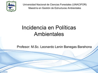 Incidencia en Políticas
Ambientales
Profesor: M.Sc. Leonardo Lenin Banegas Barahona
Universidad Nacional de Ciencias Forestales (UNACIFOR)
Maestría en Gestión de Estructuras Ambientales
 