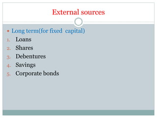 External sources
 Long term(for fixed capital)
1. Loans
2. Shares
3. Debentures
4. Savings
5. Corporate bonds
 