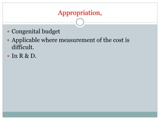 Appropriation,
 Congenital budget
 Applicable where measurement of the cost is
difficult.
 In R & D.
 