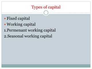 Types of capital
 Fixed capital
 Working capital
1.Permenant working capital
2.Seasonal working capital
 