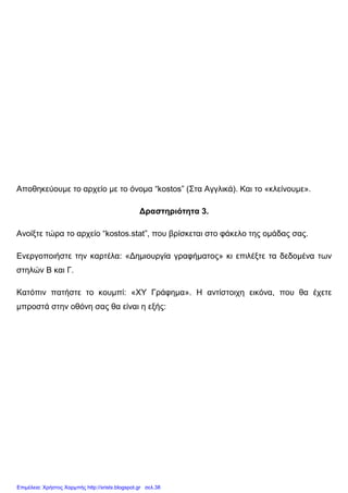 Αποθηκεύουµε το αρχείο µε το όνοµα “kostos” (Στα Αγγλικά). Και το «κλείνουµε».
∆ραστηριότητα 3.
Ανοίξτε τώρα το αρχείο “kostos.stat”, που βρίσκεται στο φάκελο της οµάδας σας.
Ενεργοποιήστε την καρτέλα: «∆ηµιουργία γραφήµατος» κι επιλέξτε τα δεδοµένα των
στηλών Β και Γ.
Κατόπιν πατήστε το κουµπί: «ΧΥ Γράφηµα». Η αντίστοιχη εικόνα, που θα έχετε
µπροστά στην οθόνη σας θα είναι η εξής:
Επιμέλεια: Χρήστος Χαρμπής http://xristx.blogspot.gr σελ.38
 