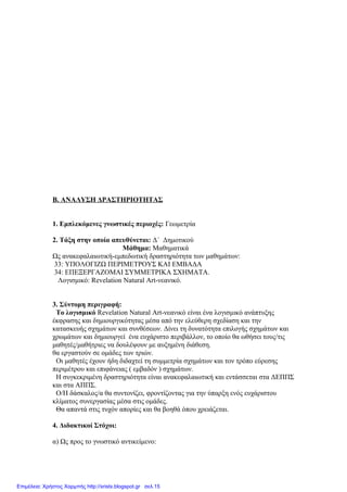 Β. ΑΝΑΛΥΣΗ ΔΡΑΣΤΗΡΙΟΤΗΤΑΣ
1. Εμπλεκόμενες γνωστικές περιοχές: Γεωμετρία
2. Τάξη στην οποία απευθύνεται: Δ΄ Δημοτικού
Μάθημα: Μαθηματικά
Ως ανακεφαλαιωτική-εμπεδωτική δραστηριότητα των μαθημάτων:
33: ΥΠΟΛΟΓΙΖΩ ΠΕΡΙΜΕΤΡΟΥΣ ΚΑΙ ΕΜΒΑΔΑ
34: ΕΠΕΞΕΡΓΑΖΟΜΑΙ ΣΥΜΜΕΤΡΙΚΑ ΣΧΗΜΑΤΑ.
Λογισμικό: Revelation Natural Art-νεανικό.
3. Σύντομη περιγραφή:
Το λογισμικό Revelation Natural Art-νεανικό είναι ένα λογισμικό ανάπτυξης
έκφρασης και δημιουργικότητας μέσα από την ελεύθερη σχεδίαση και την
κατασκευής σχημάτων και συνθέσεων. Δίνει τη δυνατότητα επιλογής σχημάτων και
χρωμάτων και δημιουργεί ένα ευχάριστο περιβάλλον, το οποίο θα ωθήσει τους/τις
μαθητές/μαθήτριες να δουλέψουν με αυξημένη διάθεση.
θα εργαστούν σε ομάδες των τριών.
Οι μαθητές έχουν ήδη διδαχτεί τη συμμετρία σχημάτων και τον τρόπο εύρεσης
περιμέτρου και επιφάνειας ( εμβαδόν ) σχημάτων.
Η συγκεκριμένη δραστηριότητα είναι ανακεφαλαιωτική και εντάσσεται στα ΔΕΠΠΣ
και στα ΑΠΠΣ.
Ο/Η δάσκαλος/α θα συντονίζει, φροντίζοντας για την ύπαρξη ενός ευχάριστου
κλίματος συνεργασίας μέσα στις ομάδες.
Θα απαντά στις τυχόν απορίες και θα βοηθά όπου χρειάζεται.
4. Διδακτικοί Στόχοι:
α) Ως προς το γνωστικό αντικείμενο:
Επιμέλεια: Χρήστος Χαρμπής http://xristx.blogspot.gr σελ.15
 