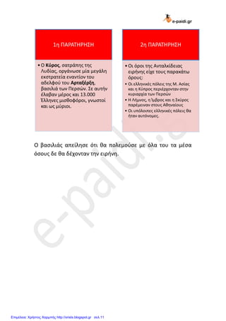 e-paidi.gr
Ο βαςιλιάσ απείληςε ότι θα πολεμοφςε με όλα του τα μζςα
όςουσ δε θα δζχονταν την ειρήνη.
1η ΠΑΡΑΣΗΡΗ΢Η
•Ο Κύρος, ςατράπησ τησ
Λυδίασ, οργάνωςε μία μεγάλη
εκςτρατεία εναντίον του
αδελφοφ του Αρταξέρξη,
βαςιλιά των Περςών. ΢ε αυτήν
ζλαβαν μζροσ και 13.000
Έλληνεσ μιςθοφόροι, γνωςτοί
και ωσ μφριοι.
2η ΠΑΡΑΣΗΡΗ΢Η
•Οι όροι τησ Ανταλκίδειασ
ειρήνησ είχε τουσ παρακάτω
όρουσ:
• Οι ελληνικζσ πόλεισ τησ Μ. Αςίασ
και η Κφπροσ περιζρχονταν ςτην
κυριαρχία των Περςών
• Η Λήμνοσ, η Ίμβροσ και η ΢κφροσ
παρζμειναν ςτουσ Αθηναίουσ
• Οι υπόλοιπεσ ελληνικζσ πόλεισ θα
ήταν αυτόνομεσ.
Επιμέλεια: Χρήστος Χαρμπής http://xristx.blogspot.gr σελ.11
 