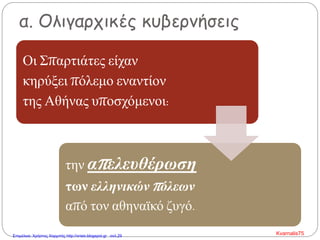 Οι Σπαρτιάτες είχαν
κηρύξει πόλεμο εναντίον
της Αθήνας υποσχόμενοι:
την απελευθέρωση
των ελληνικών πόλεων
από τον αθηναϊκό ζυγό.
α. Ολιγαρχικές κυβερνήσεις
Kvarnalis75Επιμέλεια: Χρήστος Χαρμπής http://xristx.blogspot.gr σελ.29
 