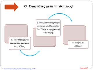 α. Υποστήριξαν τα
ολιγαρχικά κόμματα
στις πόλεις.
β. Τοποθέτησαν φρουρά
σε αυτές με επικεφαλής
ένα Σπαρτιάτη αρμοστή
(=διοικητή).
γ. Επέβαλαν
φόρους.
Οι Σπαρτιάτες μετά τη νίκη τους:
Kvarnalis75Επιμέλεια: Χρήστος Χαρμπής http://xristx.blogspot.gr σελ.30
 