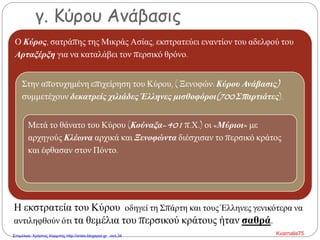 γ. Κύρου Ανάβασις
Ο Κύρος, σατράπης της Μικράς Ασίας, εκστρατεύει εναντίον του αδελφού του
Αρταξέρξη για να καταλάβει τον περσικό θρόνο.
Στην αποτυχημένη επιχείρηση του Κύρου, ( Ξενοφών: Κύρου Ανάβασις)
συμμετέχουν δεκατρείς χιλιάδες Έλληνες μισθοφόροι(700 Σπαρτιάτες).
Μετά το θάνατο του Κύρου (Κούναξα- 401 π.Χ.) οι «Μύριοι» με
αρχηγούς Κλέωνα αρχικά και Ξενοφώντα διέσχισαν το περσικό κράτος
και έφθασαν στον Πόντο.
Η εκστρατεία του Κύρου οδηγεί τη Σπάρτη και τους Έλληνες γενικότερα να
αντιληφθούν ότι τα θεμέλια του περσικού κράτους ήταν σαθρά.
Kvarnalis75Επιμέλεια: Χρήστος Χαρμπής http://xristx.blogspot.gr σελ.34
 