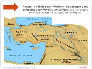 Άσκηση: η κάθοδος των «Μυρίων» ως προπομπός της
εκστρατείας του Μεγάλου Αλεξάνδρου. Βρείτε στο χάρτη
την πορεία του στρατού του Κύρου και των Μυρίων.
Kvarnalis75Επιμέλεια: Χρήστος Χαρμπής http://xristx.blogspot.gr σελ.36
 
