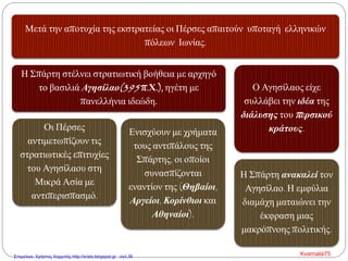 Μετά την αποτυχία της εκστρατείας οι Πέρσες απαιτούν υποταγή ελληνικών
πόλεων Ιωνίας.
Η Σπάρτη στέλνει στρατιωτική βοήθεια με αρχηγό
το βασιλιά Αγησίλαο(395 π.Χ.), ηγέτη με
πανελλήνια ιδεώδη.
Οι Πέρσες
αντιμετωπίζουν τις
στρατιωτικές επιτυχίες
του Αγησίλαου στη
Μικρά Ασία με
αντιπερισπασμό.
Ενισχύουν με χρήματα
τους αντιπάλους της
Σπάρτης, οι οποίοι
συνασπίζονται
εναντίον της (Θηβαίοι,
Αργείοι, Κορίνθιοι και
Αθηναίοι).
Ο Αγησίλαος είχε
συλλάβει την ιδέα της
διάλυσης του περσικού
κράτους.
Η Σπάρτη ανακαλεί τον
Αγησίλαο. Η εμφύλια
διαμάχη ματαιώνει την
έκφραση μιας
μακρόπνοης πολιτικής.
Kvarnalis75Επιμέλεια: Χρήστος Χαρμπής http://xristx.blogspot.gr σελ.39
 