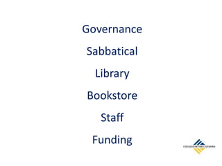 Governance
Sabbatical
Library
Bookstore
Staff
Funding
 