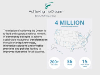 The mission of Achieving the Dream is
to lead and support a national network
of community colleges to achieve
sustainable institutional transformation
through sharing knowledge,
innovative solutions and effective
practices and policies leading to
improved outcomes for all students.
 