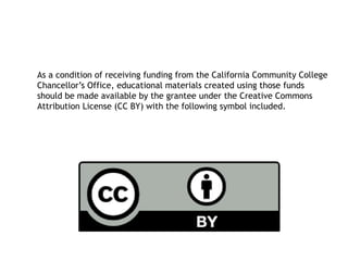 As a condition of receiving funding from the California Community College
Chancellor’s Office, educational materials created using those funds
should be made available by the grantee under the Creative Commons
Attribution License (CC BY) with the following symbol included.
 
