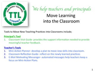 We help teachers and principals	

Move	Learning	
	into	the	Classroom	
Tools	to	Move	New	Teaching	Prac7ces	into	Classrooms	include;	
	
Principal’s	Tool	
1.  Classroom	Visit	Guide-	provides	the	support	informa7on	needed	to	provide	
meaningful	teacher	feedback.		
	
Teacher’s	Tools	
1.  Mini-Ac7on	Planner-	develop	a	plan	to	move	new	skills	into	classroom.	
2.  Classroom	Reﬂec7on	Guide-	reﬂect	on	the	newly	learned	prac7ces	
3.  E-Mail	Mo7va7ng	Messenger-	automated	messages	help	teachers	keep	a	
focus	on	Mini-Ac7on	Plans.	
	
1	
 